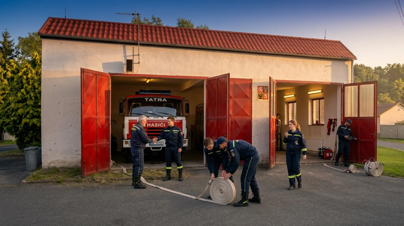 Hasičská zbrojnice SDH Děkov s vozem Tatra a hasiči při cvičení